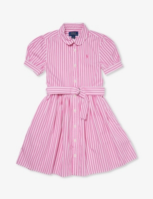 Polo Ralph Lauren Girls Pink Kids Brand-embroidered Puff-sleeve Cotton Dress 4-12 Years
