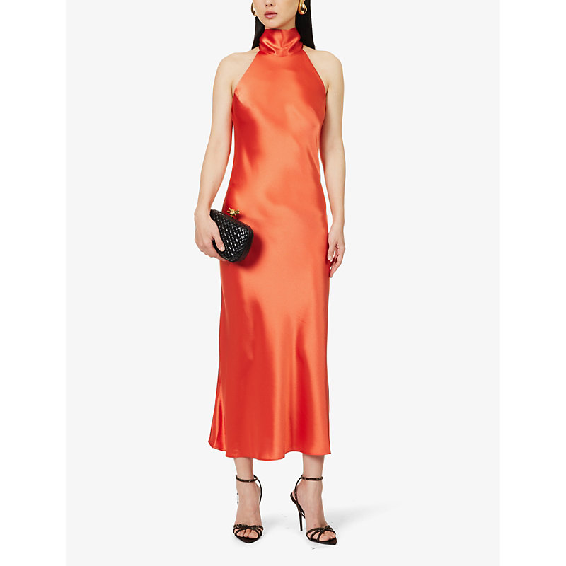 Shop Galvan London Women's Coral Sienna Halterneck Satin Midi Dress