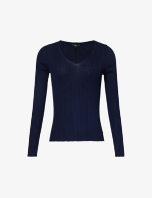 Theory Womens Dark Navy V-neck Relaxed-fit Wool-blend Jumper In Blue