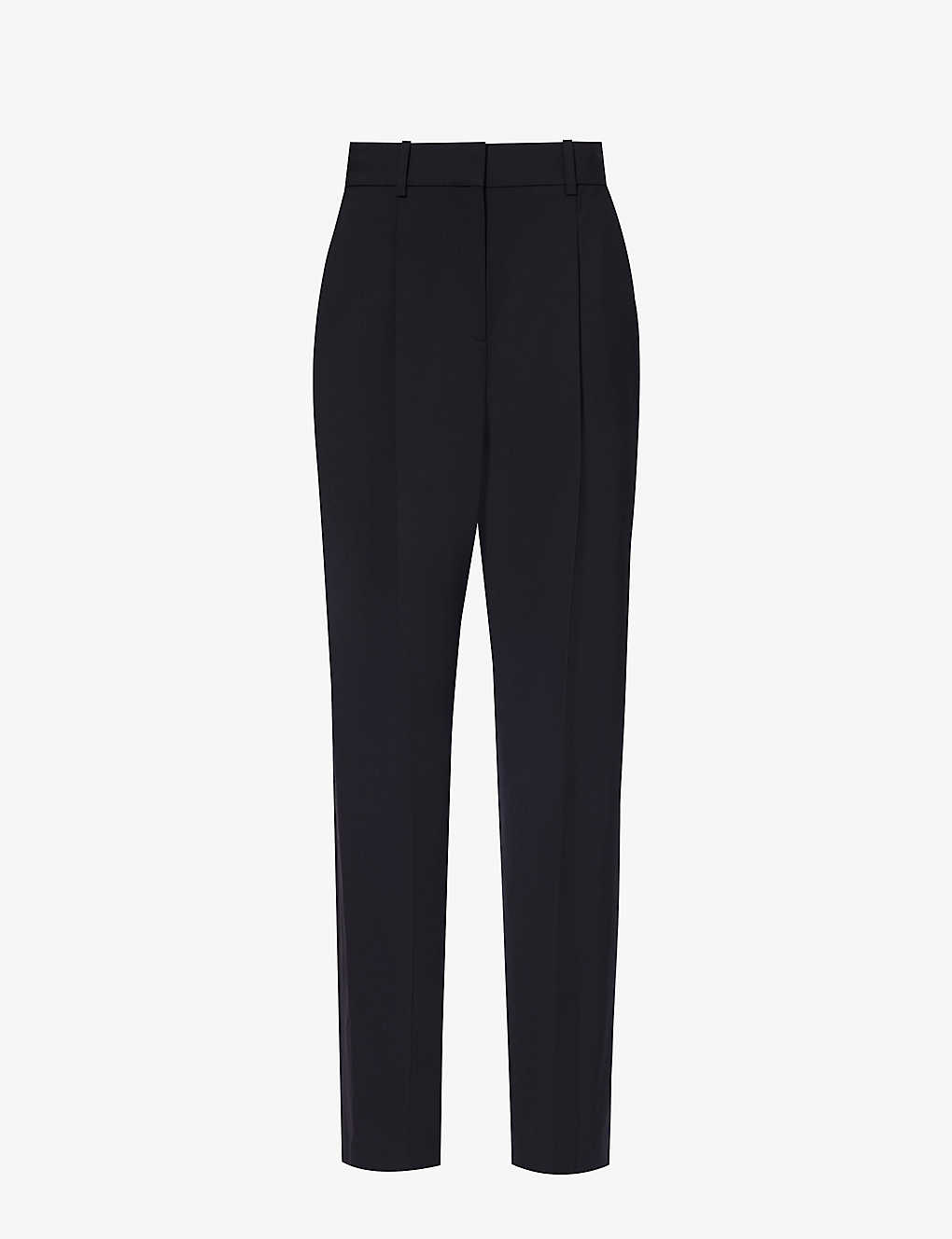 Theory Womens Black Pleated Straight-leg High-rise Wool-blend Trousers