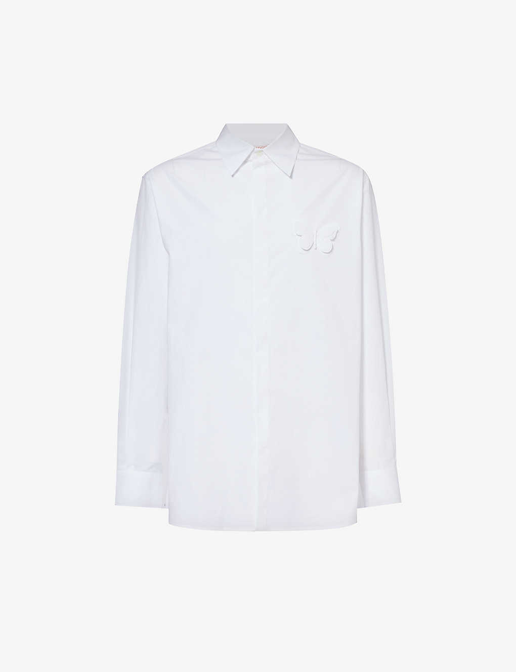 Valentino Butterfly-appliqué Logo-embroidered Cotton Shirt In Bianco