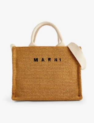 Shop Marni Logo-embroidered Cotton-blend Tote Bag In Raw Sienna/natural