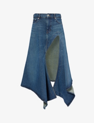 Y/PROJECT: Asymmetric-hem logo-patch organic-denim midi skirt