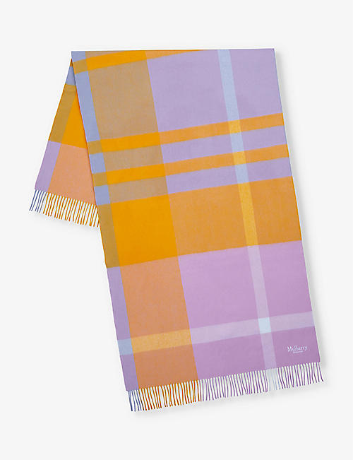 MULBERRY: Check-pattern logo-embroidered wool scarf