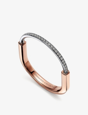 Shop Tiffany & Co Womens Rose Gold Lock 18ct Rose And White-gold And 1.08ct Diamond Bangle Bracelet