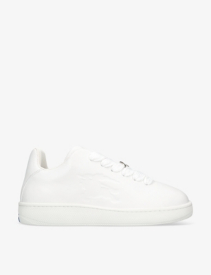 Shop Burberry Men's White Plaque-embellished Leather Low-top Trainers