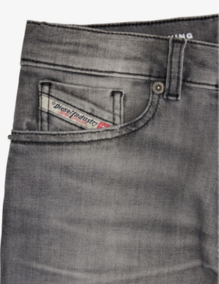 Shop Diesel Brand-patch Washed Tapered-leg Stretch-denim Jeans 6-16 Years In Denim Nero