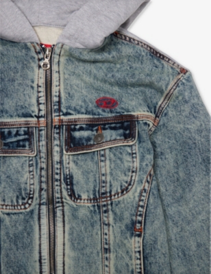 Shop Diesel Boys Blue Kids Jersey-hood Brand-embroidered Denim Jacket 12-16 Years