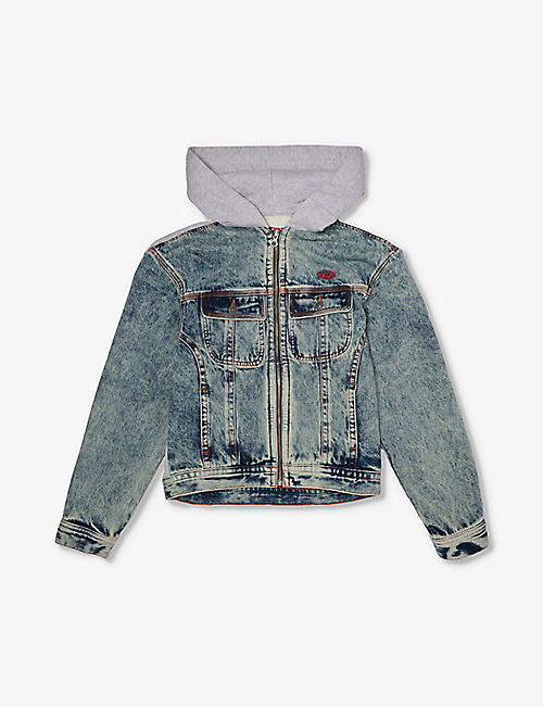 DIESEL: Jersey-hood brand-embroidered denim jacket 12-16 years