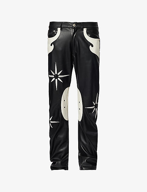 KUSIKOHC: Flower Rider contrast-panel tapered-leg faux-leather trousers