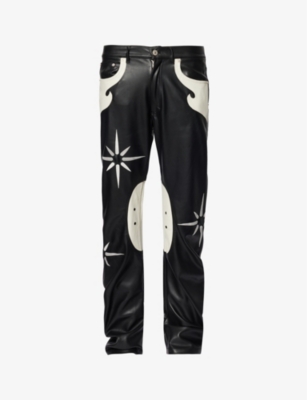 Shop Kusikohc Men's Black Flower Rider Contrast-panel Tapered-leg Faux-leather Trousers