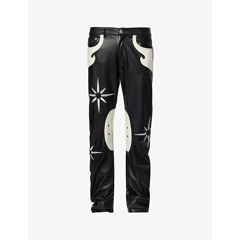 Shop Kusikohc Men's Black Flower Rider Contrast-panel Tapered-leg Faux-leather Trousers