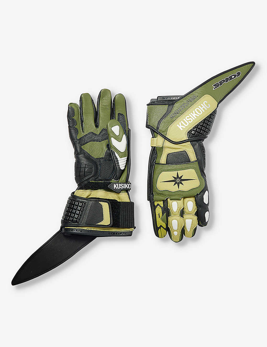 Kusikohc Spidi Panelled Leather-blend Gloves In Black/dark Green