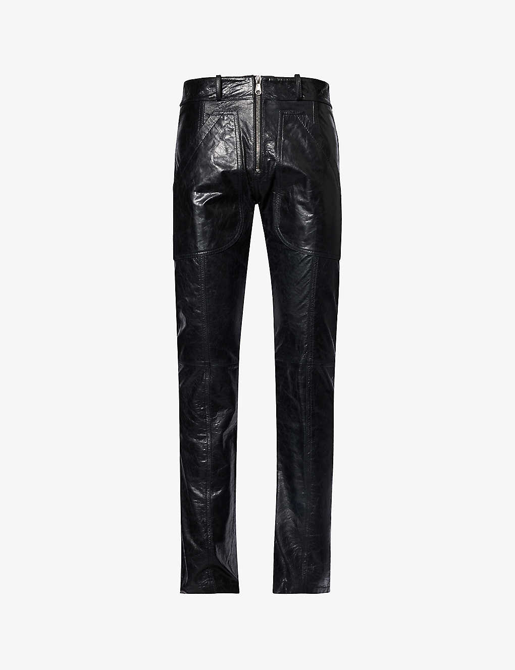 Cole Buxton Mens Black Stacked Straight-leg Leather Carpenter Trousers