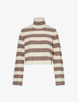 Theory Womens Ivory Light M Brown Striped High-neck Wool-blend Jumper