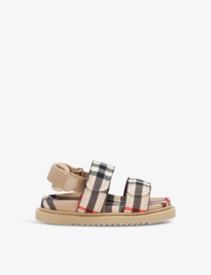 Shop Burberry Kids' Jamie Check-print Woven Sandals In Beige
