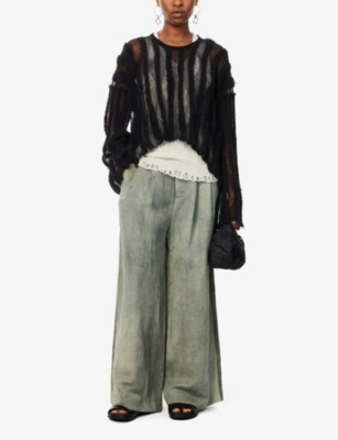 Shop Uma Wang Women's Black Distressed Semi-sheer Cotton-blend Knitted Top