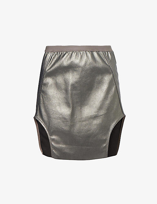RICK OWENS: High-rise metallic leather mini skirt