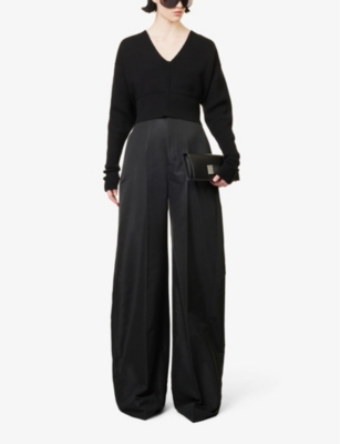 Shop Rick Owens Women's Black Structured-waistband Wide-leg High-rise Satin Trousers
