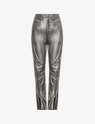 Shop Rick Owens Women's Gun Metal Zip-embellished Coated Stretch-denim Jeans