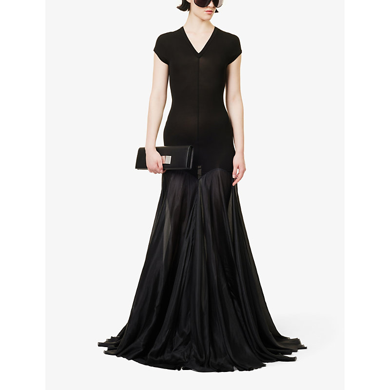 Shop Rick Owens Womens Black V-neck Flared-hem Silk-blend Jersey Maxi Dress