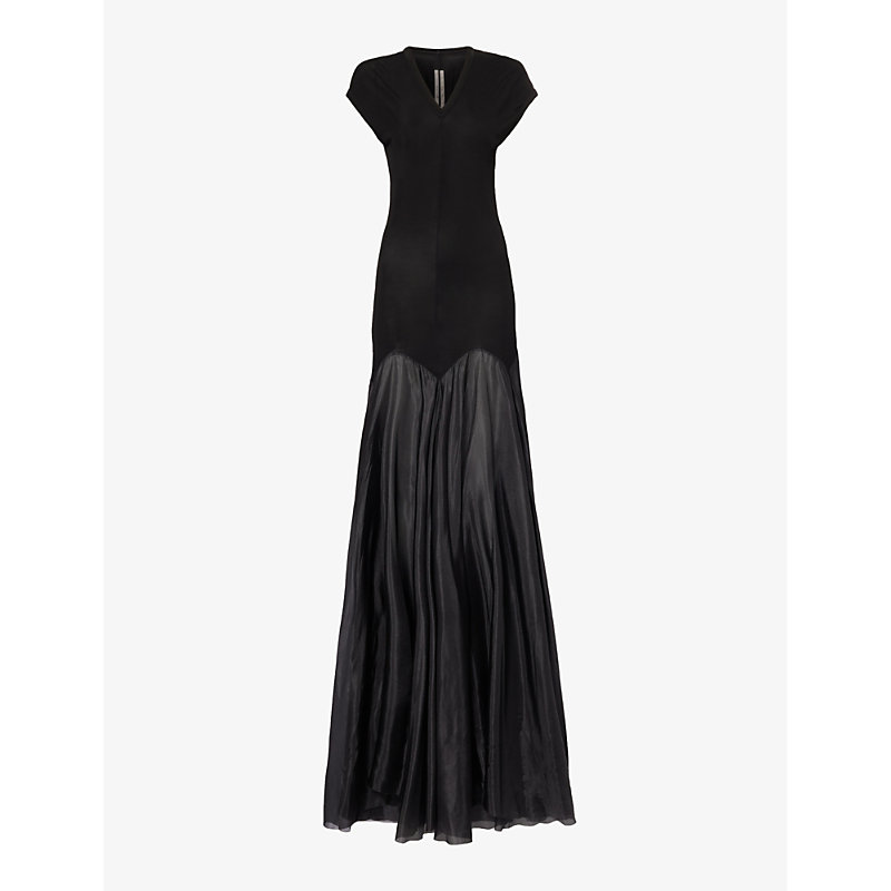 Shop Rick Owens Womens Black V-neck Flared-hem Silk-blend Jersey Maxi Dress