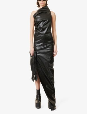Shop Rick Owens Women's Black Coated Asymmetric Slim-fit Denim-blend Midi Dress