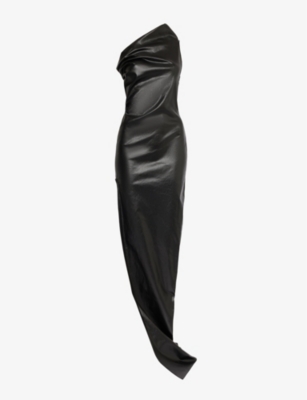 RICK OWENS: Coated asymmetric slim-fit denim-blend midi dress