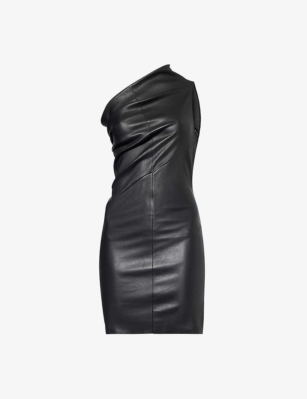 Shop Rick Owens Women's Black Asymmetric-neck Slim-fit Leather Mini Dress