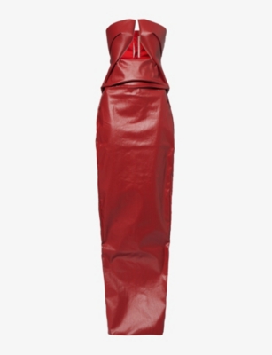 Rick Owens Prong Strapless Coated-denim Maxi Dress In Red