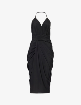 Shop Rick Owens Women's Black Halterneck Wraparound Woven Midi Dress