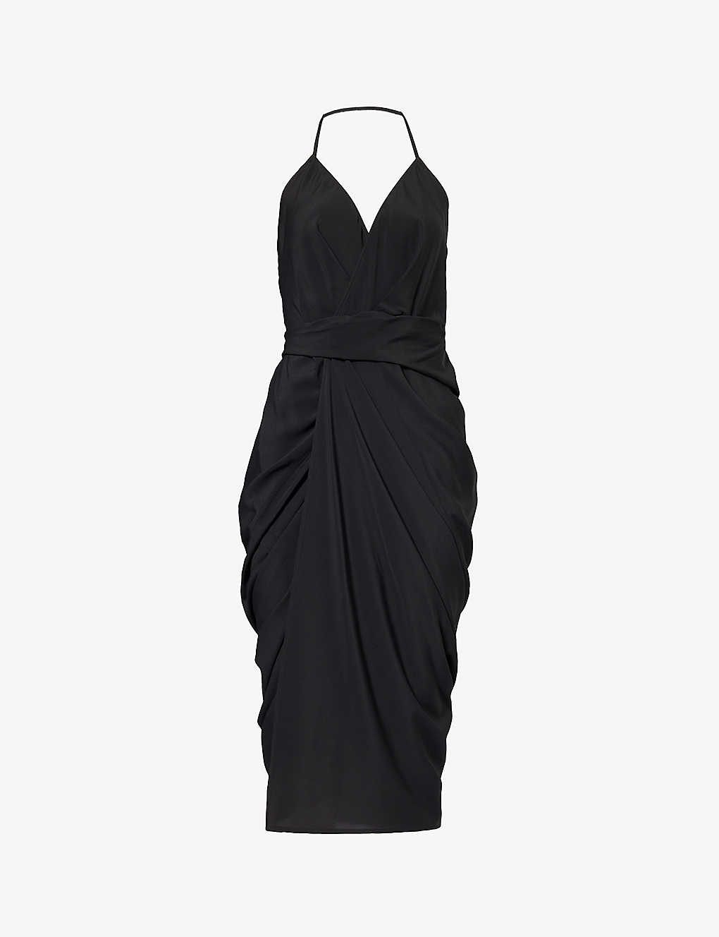 Shop Rick Owens Womens Black Halterneck Wraparound Woven Midi Dress