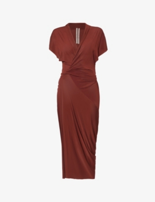 Flutter Sleeve Draped Wrap Stretch Maxi Bridesmaid Dress In French Truffle