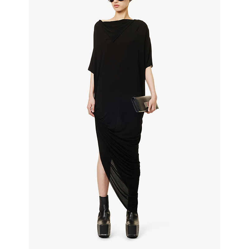 Shop Rick Owens Women's Black Asymmetric Drop-shoulder Stretch-woven Maxi Dress