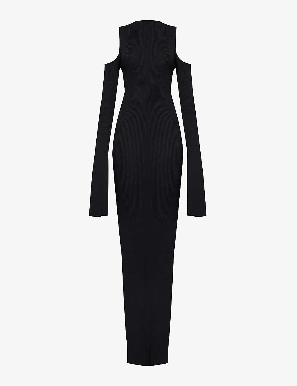 Shop Rick Owens Womens Black Slim-fit Cut-out Wool Knitted Maxi Dress