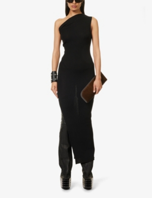 Shop Rick Owens Women's Black One-shoulder Split-hem Wool Knitted Midi Dress
