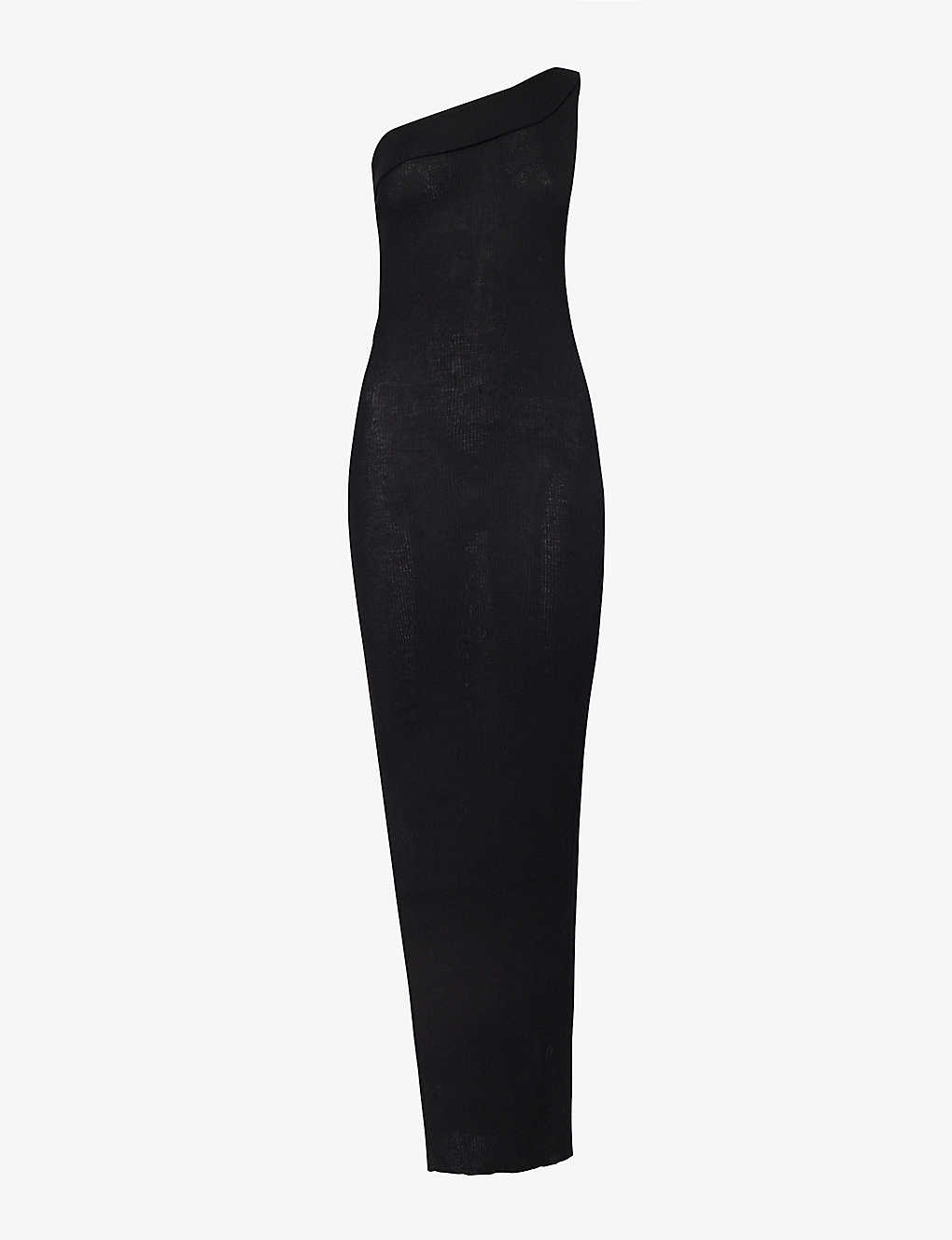 Rick Owens Womens Black One-shoulder Split-hem Wool Knitted Midi Dress