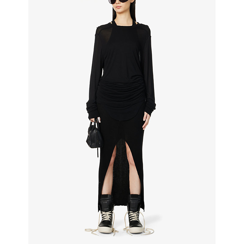 Shop Rick Owens Women's Black Split-hem Slim-fit High-rise Stretch Wool-blend Mini Skirt