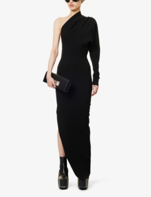 Shop Rick Owens Women's Black Asymmetric One-shoulder Stretch-woven Maxi Dress