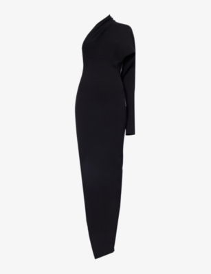 Shop Rick Owens Women's Black Asymmetric One-shoulder Stretch-woven Maxi Dress