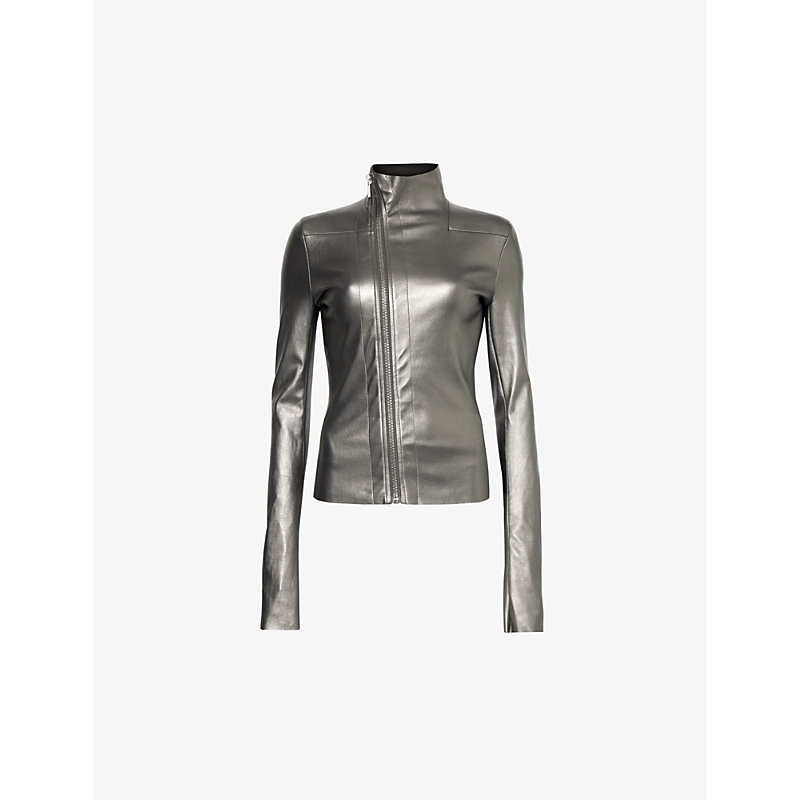 Rick Owens Womens Gun Metal Funnel-neck Metallic Leather-blend Jacket In Grey
