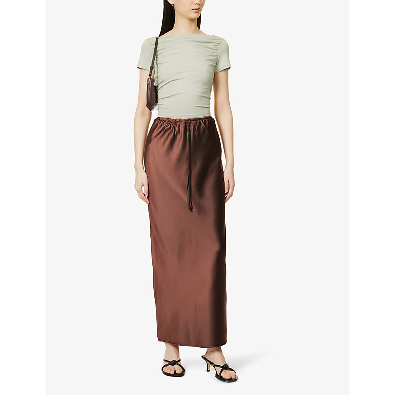 Shop 4th & Reckless Women's Chocolate Yimena Elasticated-waist Satin Maxi Skirt