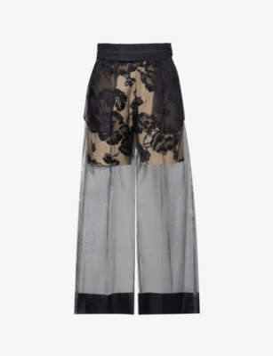 UNDERCOVER: Pleated mesh overlay silk trousers