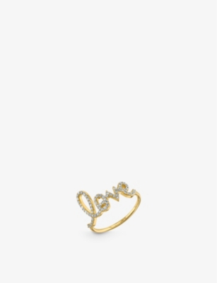 Shop Sydney Evan Love Script Large 14ct Yellow-gold And 0.31ct Diamond Ring In 14k Yellow Gold