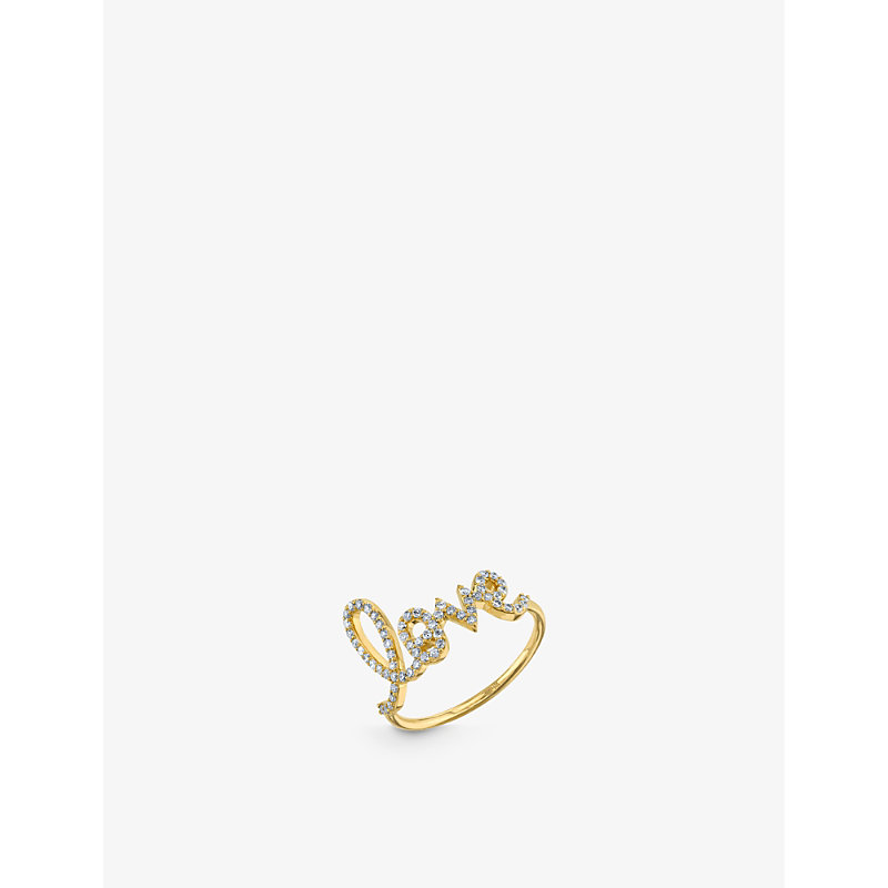 Shop Sydney Evan Love Script Large 14ct Yellow-gold And 0.31ct Diamond Ring In 14k Yellow Gold