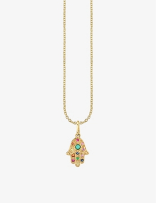 SYDNEY EVAN: Rainbow Hamsa 14ct yellow-gold sapphire, ruby, amethyst, emerald and turquoise pendant necklace