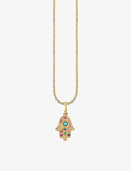 SYDNEY EVAN: Rainbow Hamsa 14ct yellow-gold sapphire, ruby, amethyst, emerald and turquoise pendant necklace