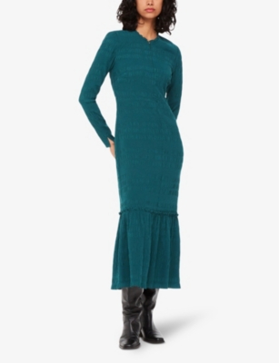Shop Whistles Mila Long-sleeve Flared-hem Stretch-woven Midi Dress In Green