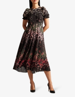 Shop Ted Baker Women's Black Ruched-sleeve Floral-print Woven Midi Dress