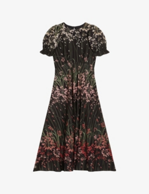 Ted Baker Womens Black Ruched-sleeve Floral-print Woven Midi Dress